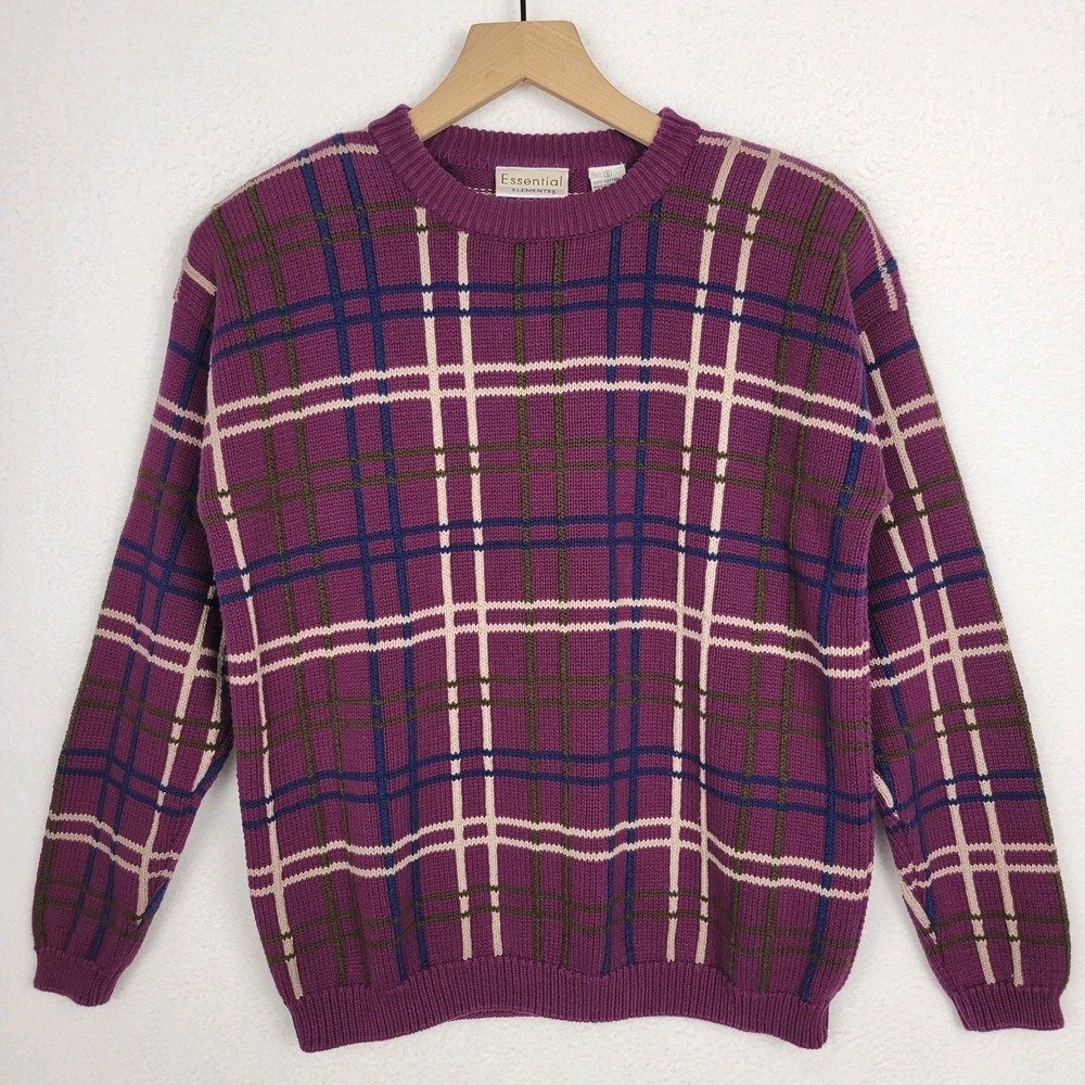 Vintage 90s Mens Small Dad Sweater Preppy Plaid‎ Purple Cotton Crewneck